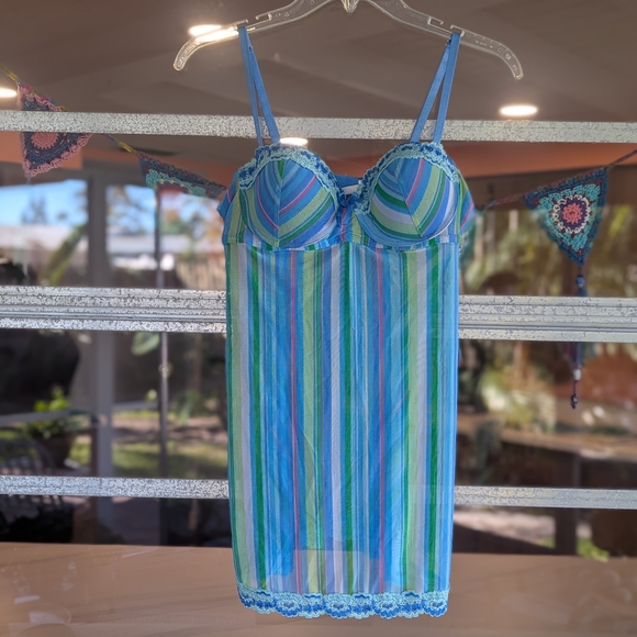 Vintage Y2k Fairy Rampage Medium Slip Striped Bustier Blue Green Chemise - Picture 3 of 13